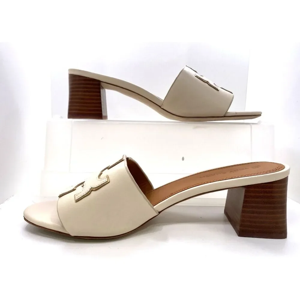 EUC Tory Burch Women's Ivory Leather Block Heel Slide Sandals Size 9M